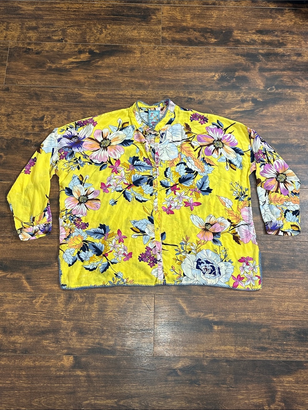 🌸 Johnny Was 100% Silk Yellow Floral Boho Blouse XL 💛